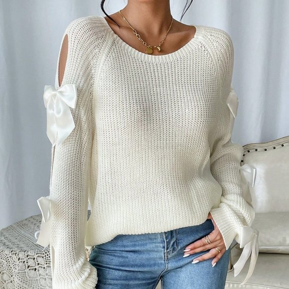 Beige Casual Preppy Womens Bowknot Decoration Hollow Out Raglan Sleeve Sw… - Picture 5 of 5